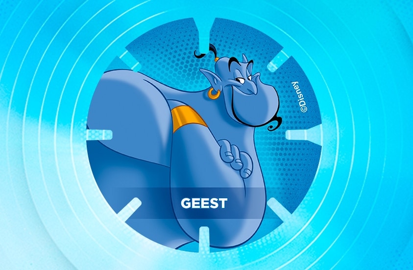 Afbeelding van de blauwe geest uit Disney's Aladdin met gekruiste armen op een blauwe achtergrond. Het woord "GEEST" staat onderaan in witte letters.