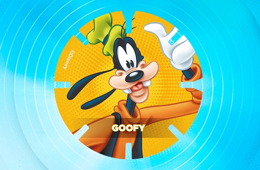 Afbeelding van Goofy, het bekende Disney-personage, met een oranje achtergrond en zijn naam in het geel erop.