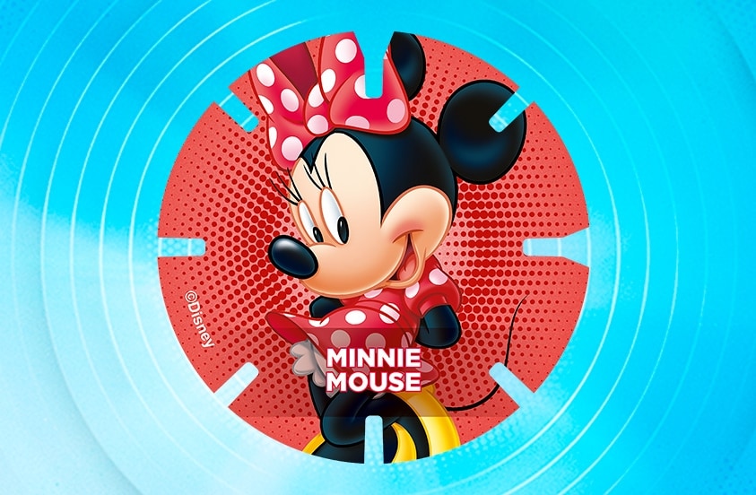 Afbeelding van Minnie Mouse met een rode strik en jurk met witte stippen op een rood rondje, met haar naam op de voorgrond.