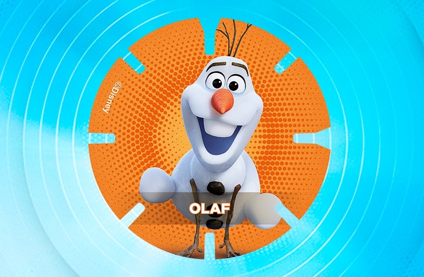 Afbeelding van Olaf, het sneeuwpop-figuur uit Disney's Frozen, op een oranje ronde kaart tegen een blauwe achtergrond.