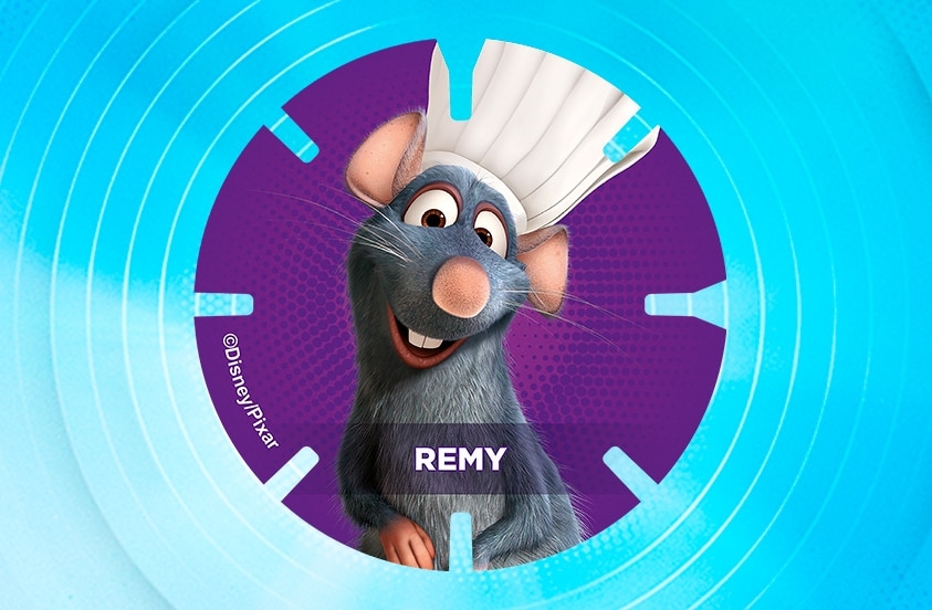 Afbeelding van Remy, het ratje uit Disney/Pixar's Ratatouille, met een koksmuts op een paarse achtergrond.