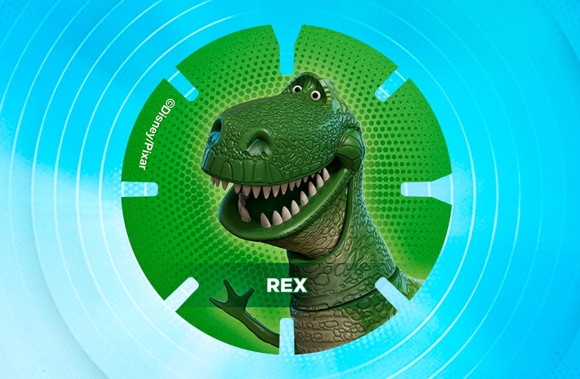Afbeelding van Rex, het groene speelgoeddinosaurus-personage uit Disney Pixar's Toy Story, op een ronde groene schijf met blauwe achtergrond.