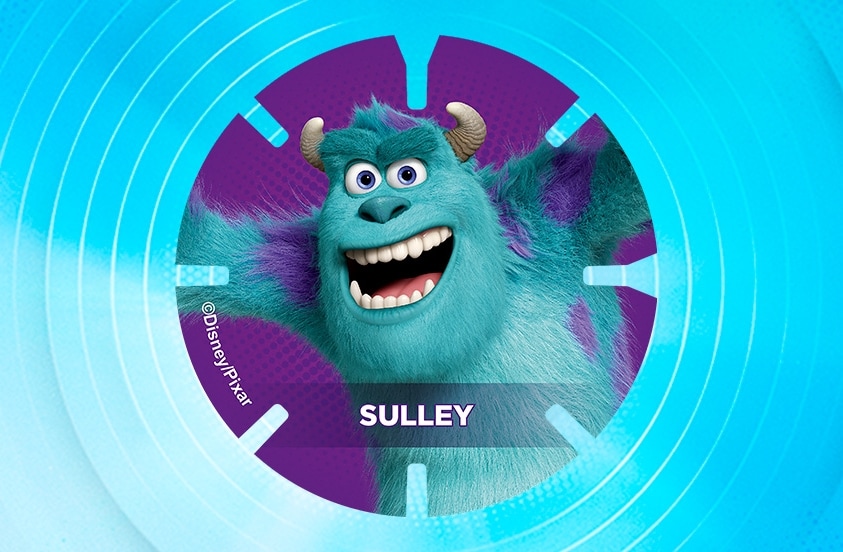 Afbeelding van Sulley, het blauwe en paarse monster uit Disney/Pixar's Monsters, Inc., met zijn naam groot in beeld.