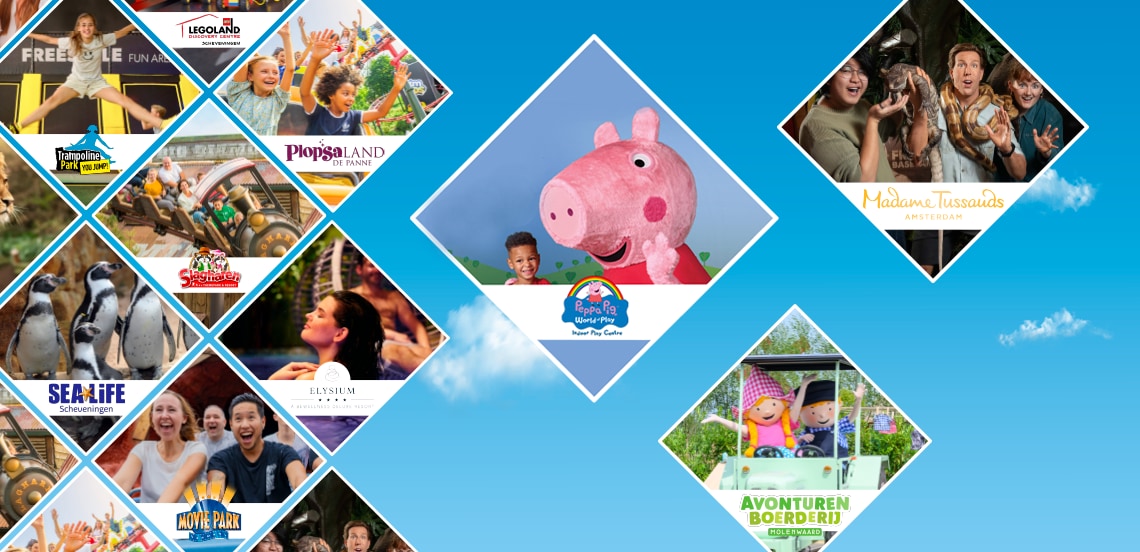 Collage van populaire attracties en amusementsparken zoals LEGOLAND Scheveningen, Plopsaland De Panne, Madame Tussauds Amsterdam, SEA LIFE Scheveningen, Avonturenboerderij Molenwaard en Peppa Pig World of Play.