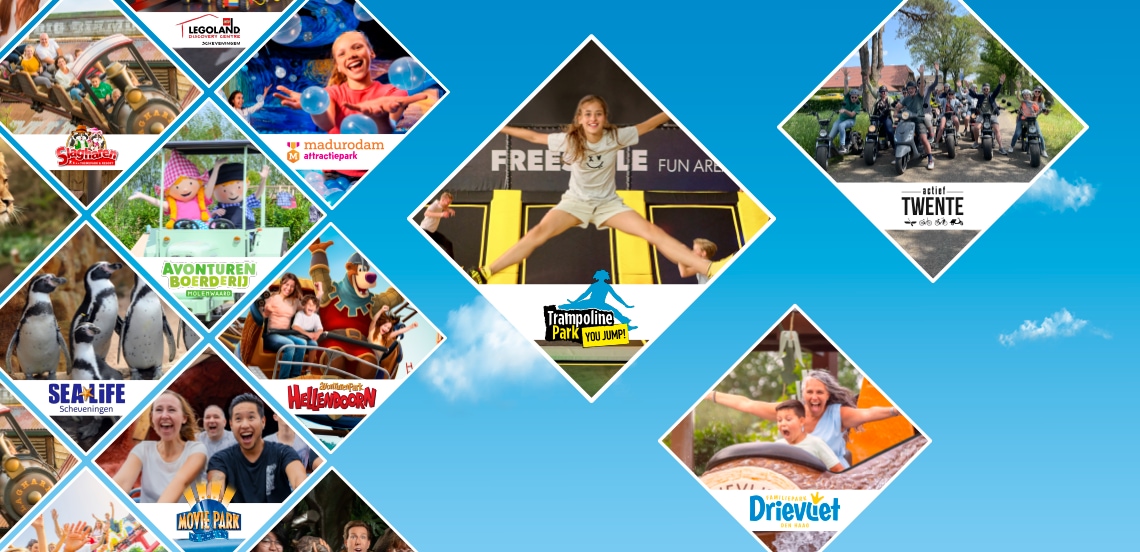 Collage van diverse attractieparken in Nederland, waaronder Legoland, Julianatoren, Madurodam, Avonturenboerderij Molenwaard, SEA LIFE Scheveningen, Attractiepark Slagharen, Trampoline Park You Jump, Actief Twente, Movie Park Germany en Drievliet.