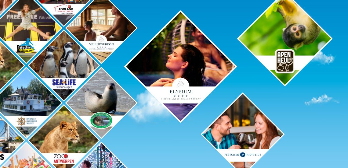Collagemontage van diverse attracties en activiteiten, waaronder trampolineparken, dierentuinen zoals Apenheul en Zoo Antwerpen, wellnessresorts zoals Veluwsebron en Elysium, LEGOLAND en Fletcher Hotels.