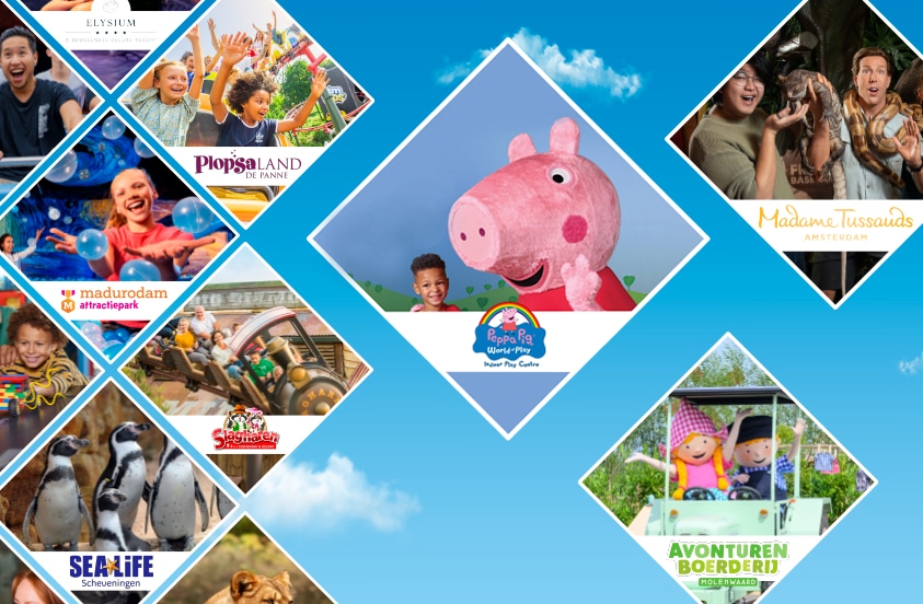 Collage van populaire attracties en amusementsparken zoals LEGOLAND Scheveningen, Plopsaland De Panne, Madame Tussauds Amsterdam, SEA LIFE Scheveningen, Avonturenboerderij Molenwaard en Peppa Pig World of Play.