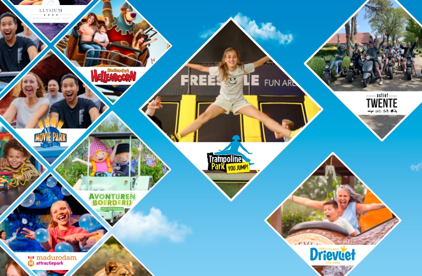 Collage van diverse attractieparken in Nederland, waaronder Legoland, Julianatoren, Madurodam, Avonturenboerderij Molenwaard, SEA LIFE Scheveningen, Attractiepark Slagharen, Trampoline Park You Jump, Actief Twente, Movie Park Germany en Drievliet.