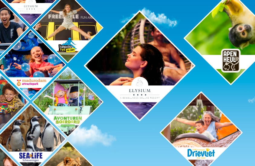 Collagemontage van diverse attracties en activiteiten, waaronder trampolineparken, dierentuinen zoals Apenheul en Zoo Antwerpen, wellnessresorts zoals Veluwsebron en Elysium, LEGOLAND en Fletcher Hotels.