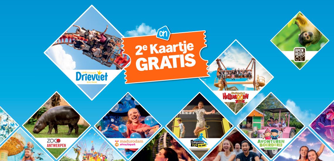 Promotieafbeelding van Albert Heijn met diverse attractieparken, dierentuinen en avonturenparken in Nederland en België, zoals Drievliet, Apenheul, Zoo Antwerpen, Hellendoorn, Madurodam en Avonturenboerderij Molenwaard, met centraal een oranje voucher waarop staat: "2e Kaartje Gratis".