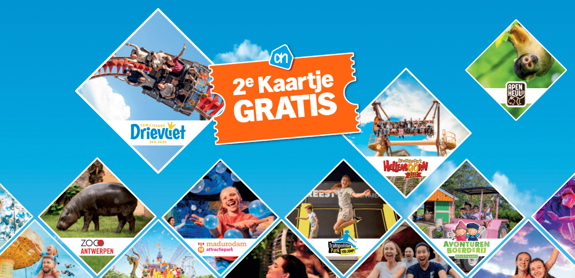 Promotieafbeelding van Albert Heijn met diverse kinderattracties waaronder Familiepark Drievliet, Hellendoorn, Apenheul, Zoo Antwerpen, Madurodam, Trampoline Park en Avonturenboerderij Molenwaard, met de tekst "2e kaartje gratis".