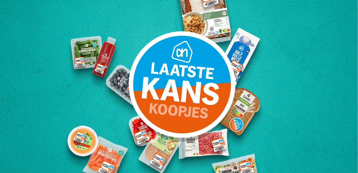 Albert Heijn Laatste Kans koopjes promotie met verschillende AH huismerkproducten zoals melk, groenten, brood, vlees en sappen op een blauwe achtergrond