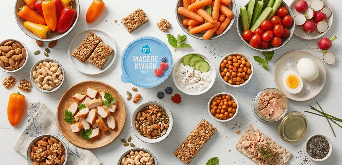 Een selectie van gezonde snacks op een tafel, waaronder AH magere kwark, blokjes kipfilet, amandelen, cashewnoten, walnoten, paprika, wortel, komkommer, tomaten, radijs, gekookte eieren, cherrytomaatjes, granenrepen, cottage cheese met komkommer, kikkererwten, tonijn op volkoren cracker en chiazaad.