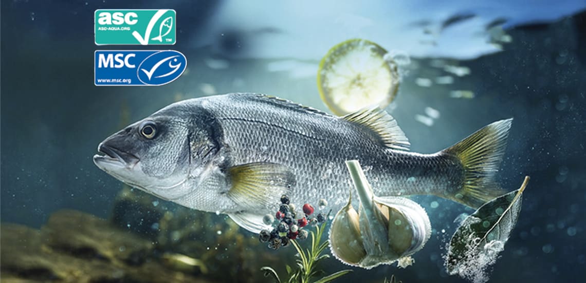 Vis in water met keurmerken, knoflookbol, citroen en specerijen