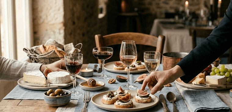 Luxe gedekte dinertafel met diverse kazen, stokbrood, olijven, glas wijn, druiven en hapjes, sfeervol aangekleed voor een gezellige maaltijd.