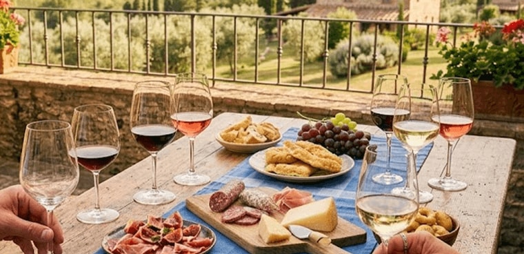 Gezellige borreltafel op een terras met verschillende glazen wijn, een houten plank met kaas en worst, schaaltjes met snacks, druiven en een mooi uitzicht op het platteland.