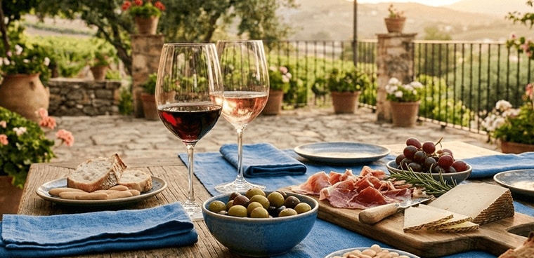 Buiten eettafel gedekt met wijn, olijven, brood, kaas, druiven en vleeswaren, met uitzicht op een zonnig terras en wijngaard.
