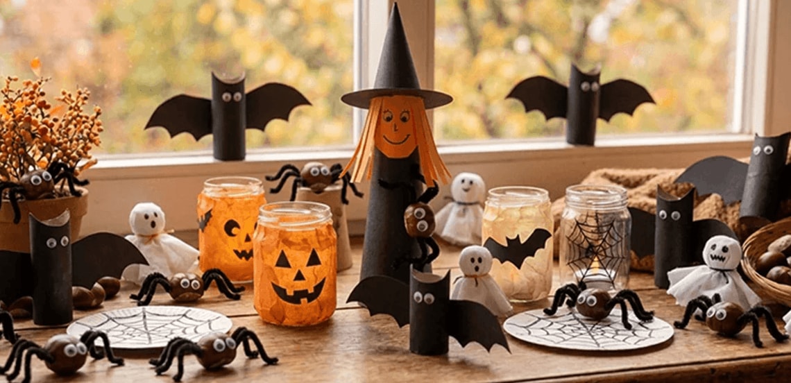 Tafel versierd met Halloween knutselwerkjes, waaronder vleermuizen, spinnen, pompoenen van glazen potjes, spookjes en een heks van papier.