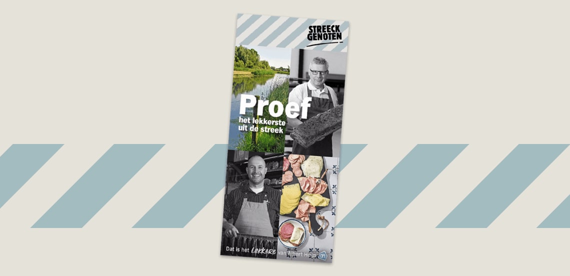 Promotieposter van Albert Heijn met streekproducten, waaronder vleeswaren en lokale foto's. Tekst: "Proef het lekkerste uit de streek". Logo Streekgenoten.