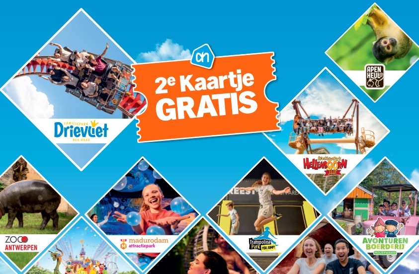 Afbeelding met een promotie van Albert Heijn voor een gratis tweede kaartje bij attractieparken, waaronder Drievliet, Apenheul, Avonturenpark Hellendoorn, Zoo Antwerpen, Madurodam, Trampoline Park You Jump en Avonturenboerderij Molenwaard.