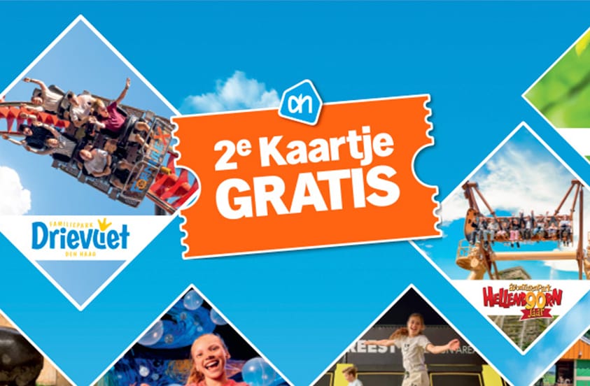 Actieafbeelding van Albert Heijn met promotie voor familieparken, centraal een oranje kaartje met tekst "2e Kaartje Gratis", met beelden van attracties en logo's van Drievliet en Avonturenpark Hellendoorn.