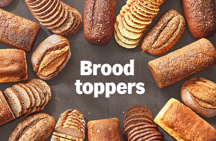 Verschillende soorten broden rondom de tekst 'Brood toppers' op een grijze achtergrond