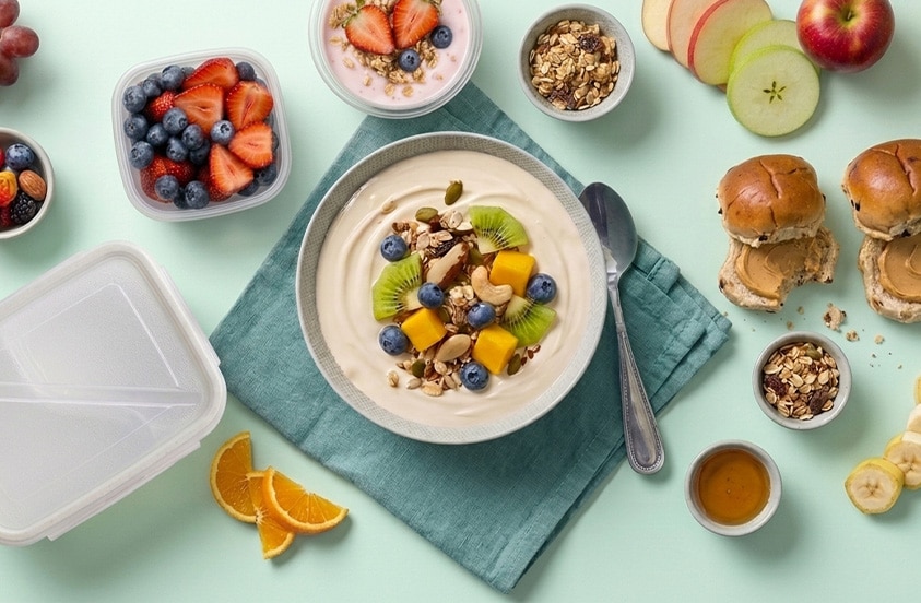 Een kom yoghurt met muesli, kiwi, mango en blauwe bessen, omringd door fruit, ontbijtgranen, een volkorenbroodje met pindakaas, yoghurt met aardbei, en een bakje honing, op een lichtgroene ondergrond.