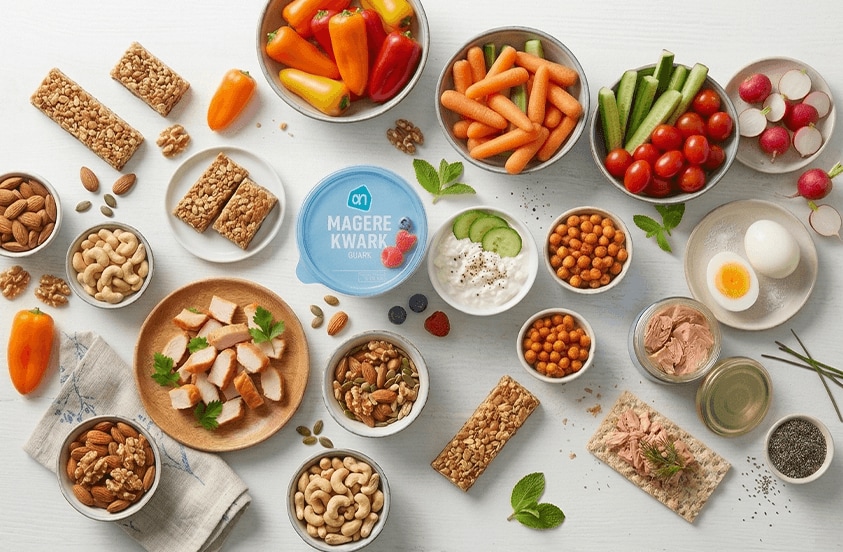 Gevarieerde selectie van gezonde snacks, zoals magere kwark van Albert Heijn, groenten zoals komkommer, wortels, radijs en snacktomaten, verschillende soorten noten, granenrepen, kipfilet, gekookte eieren, tonijn en volkoren crackers.