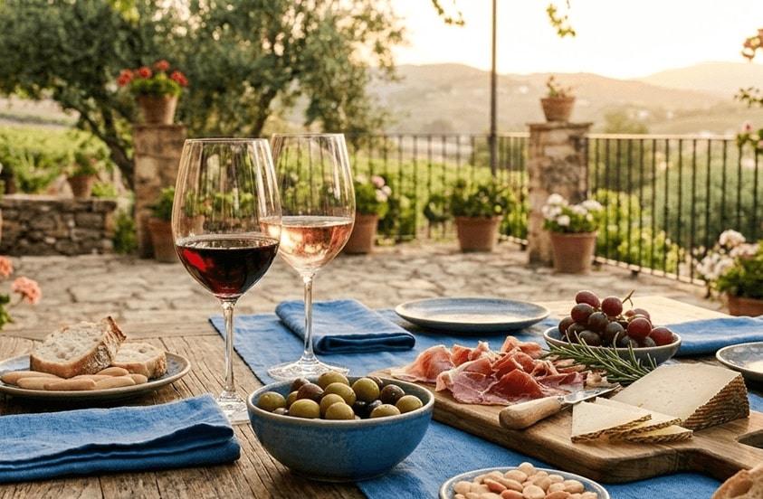 Een sfeervolle buitentafel met twee glazen wijn, een schaal groene en zwarte olijven, stokbrood, crackers, een kaasplank met plakjes kaas, druiven en prosciutto, en een uitzicht over een zonnig landschap met heuvels en bloempotten.