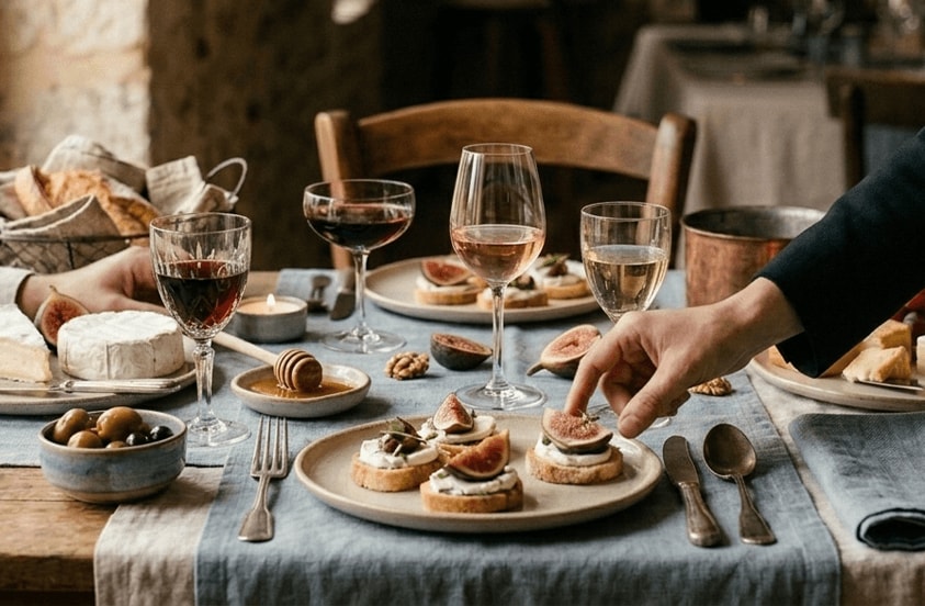 Luxe gedekte dinertafel met diverse kazen, stokbrood, olijven, glas wijn, druiven en hapjes, sfeervol aangekleed voor een gezellige maaltijd.