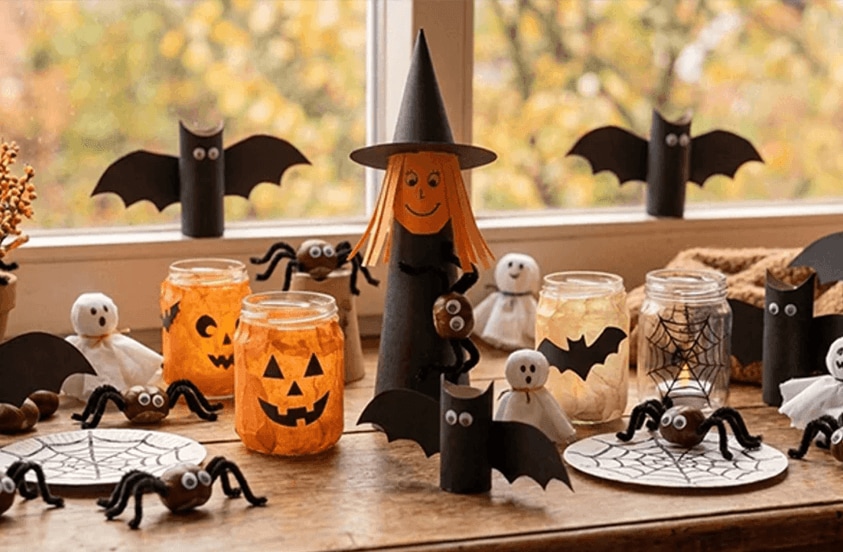 Halloween knutseldecoratie op tafel met potjes, papieren spoken, vleermuizen, spinnen, heksenhoed en spinnenwebben.