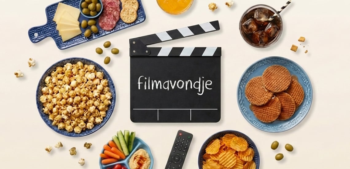 Filmklapper met tekst 'filmavondje' omringd door een schaal popcorn, stroopwafels, chips, kaasplankje met worst en olijven, groentesticks met hummus, drankje met ijs en een afstandsbediening.