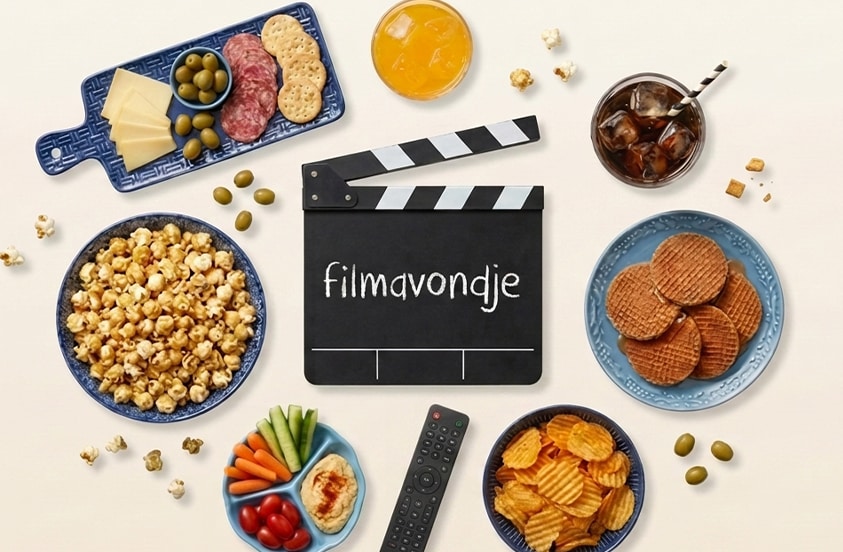 Filmavond met snacks zoals popcorn, chips, stroopwafels, kaas en worst, olijven, groente met dip, frisdrank en een filmklapper waarop 'filmavondje' staat, omringd door een afstandsbediening.