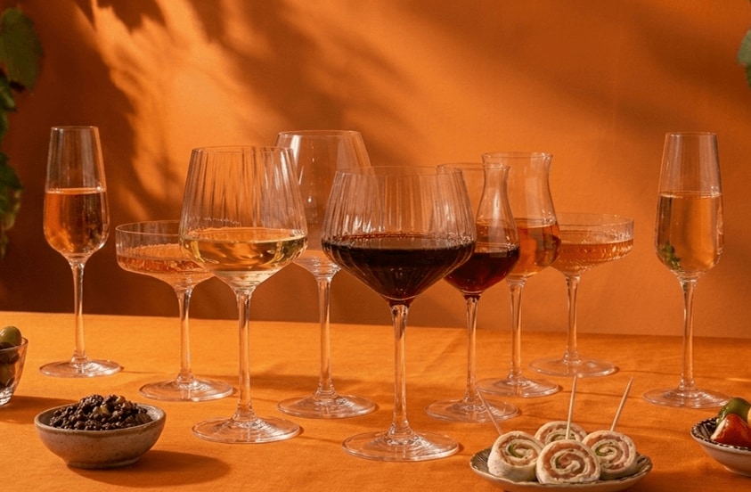 Diverse glazen met witte, rode en rosé wijn, omringd door kleine hapjes zoals olijven en wraps op een oranje tafel.