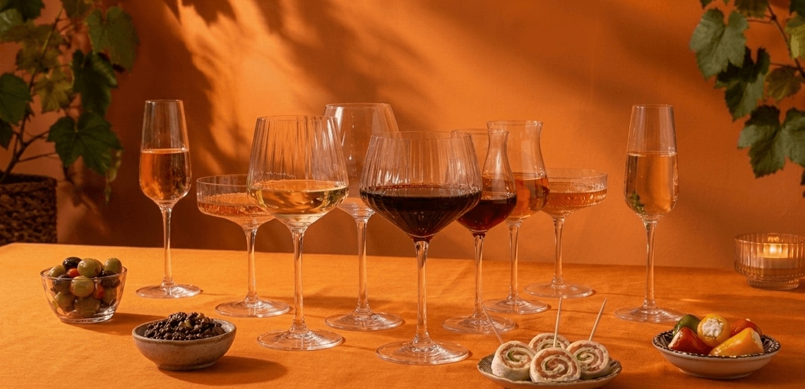 Gezellig gedekte tafel met diverse glazen wijn, champagne en aperitiefhapjes zoals gevulde olijven, tapenade, wraps en gevulde mini-paprika’s, in een sfeervolle setting met oranje achtergrond.