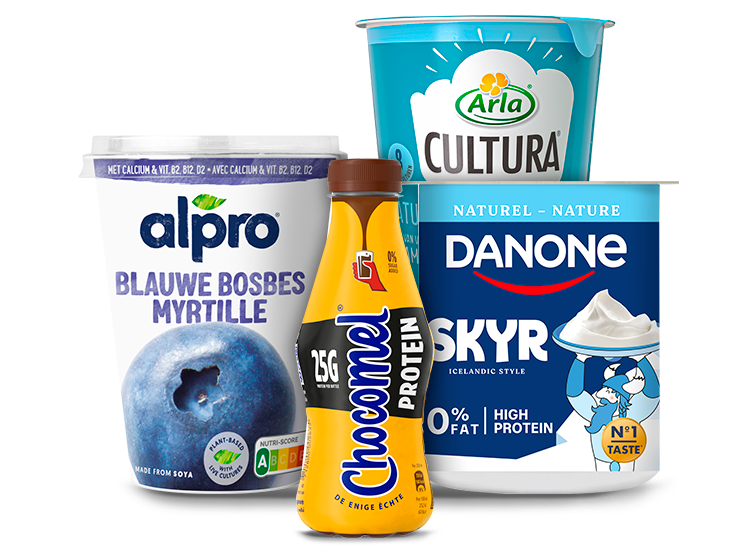 Alpro Blauwe Bosbes Myrtille, Arla Cultura, Chocomel Proteïn, en Danone Skyr producten.
