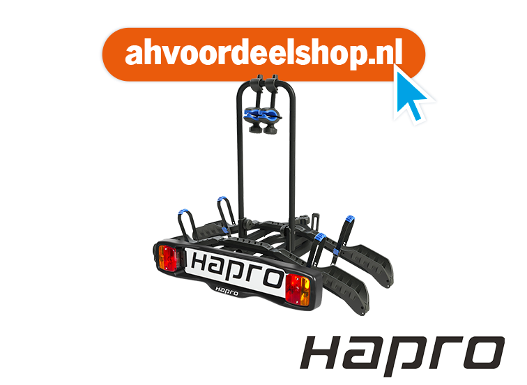 Fietsendrager van het merk Hapro met een opvallende oranje banner waarop de tekst "ahvoordeelshop.nl" staat.