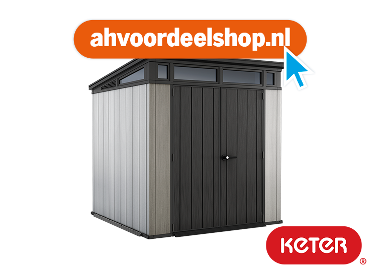 Tuinberging van het merk Keter met donkere deuren, omgeven door het logo van ahvoordeelshop.nl.
