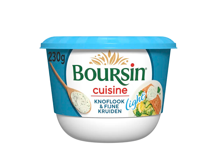 Boursin Cuisine light knoflook en fijne kruiden 230g kuip, met blauwe deksel.