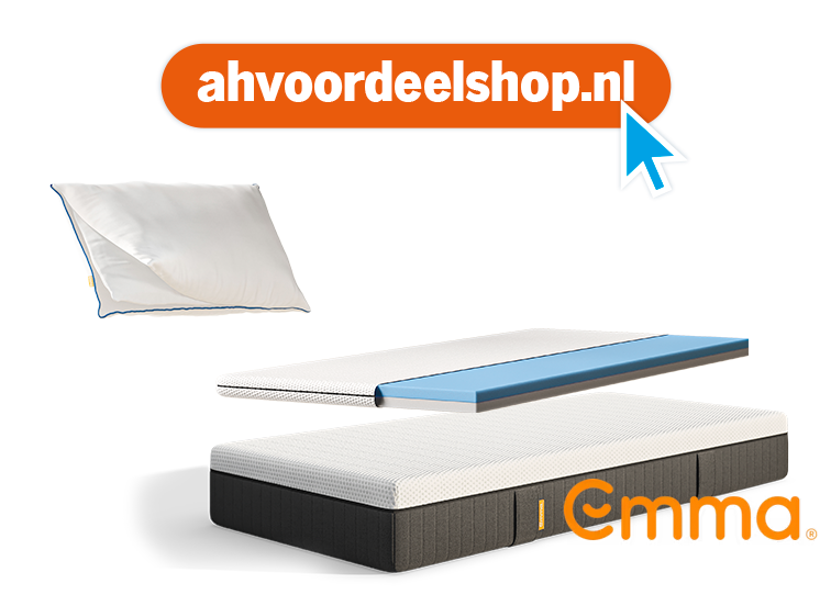 Emma matras met kussen en matrastopper, naast een oranje banner met de tekst "ahvoordeelshop.nl".