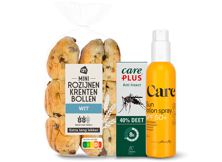 AH Mini Rozijnen Krentenbollen naast Care Plus Anti-Insect met 40% DEET en Albert Heijn Care Sun Lotion Spray SPF 50+
