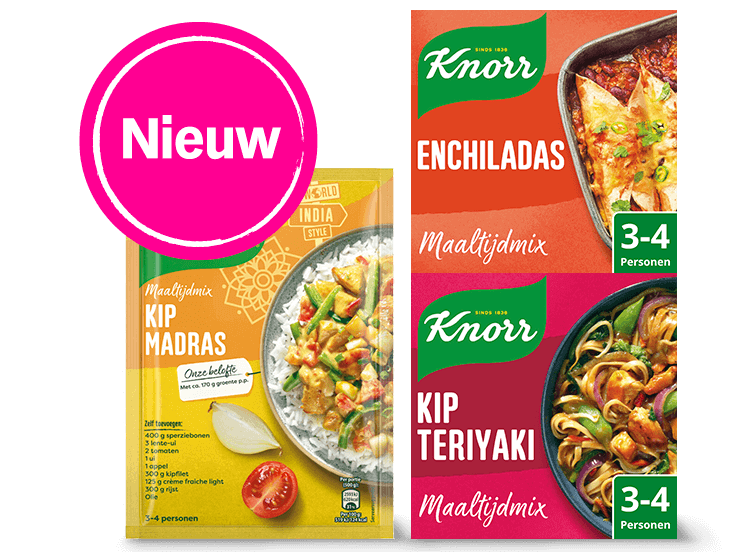 Knorr maaltijdmixen: Kip Madras, Enchiladas en Kip Teriyaki, met een roze "Nieuw" label.