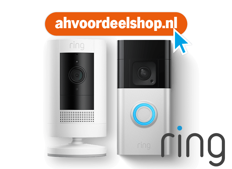Twee Ring slimme beveiligingscamera’s met het webadres ahvoordeelshop.nl erboven.