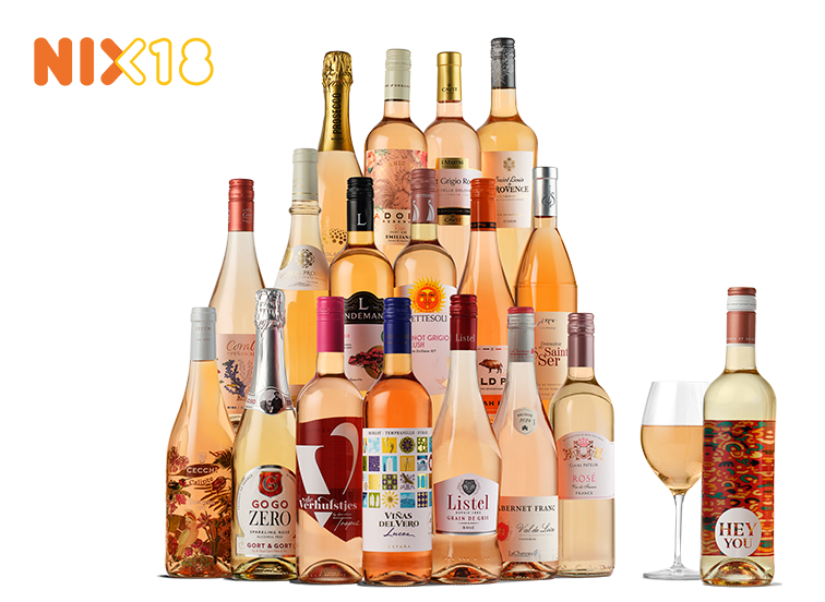 Assortiment van roséwijnen in flessen en een glas rosé, met NIX18-logo linksboven