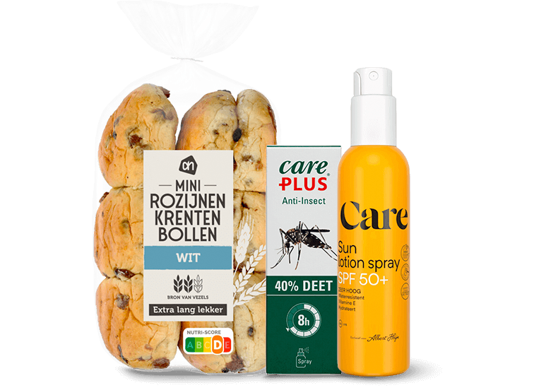 Verpakking AH mini rozijnen krentenbollen wit, Care Plus anti-insect spray en Care zonnespray SPF 50+ naast elkaar