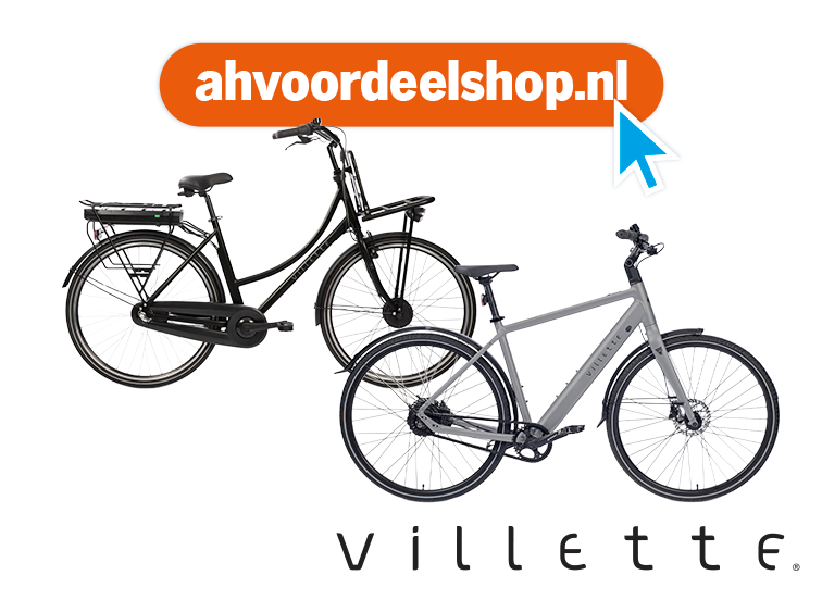 Twee Villette fietsen, één elektrisch en één standaard model, met daarboven een oranje knop met de tekst "ahvoordeelshop.nl" en een blauwe cursor.