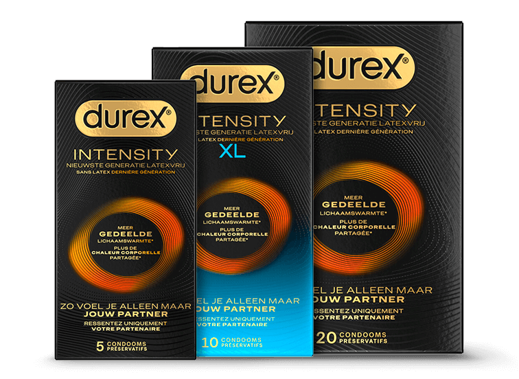 Durex Intensity condooms in verschillende verpakkingen, inclusief standaard en XL varianten