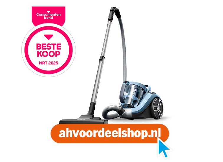 Blauwe stofzuiger met label Consumentenbond Beste Koop maart 2025 en oranje balk met tekst ahvoordeelshop.nl