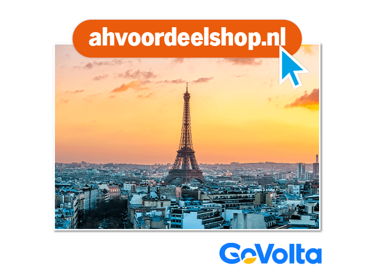 Foto van de Eiffeltoren in Parijs bij zonsondergang, met bovenaan een oranje balk met de tekst "ahvoordeelshop.nl" en het GoVolta-logo rechtsonder.
