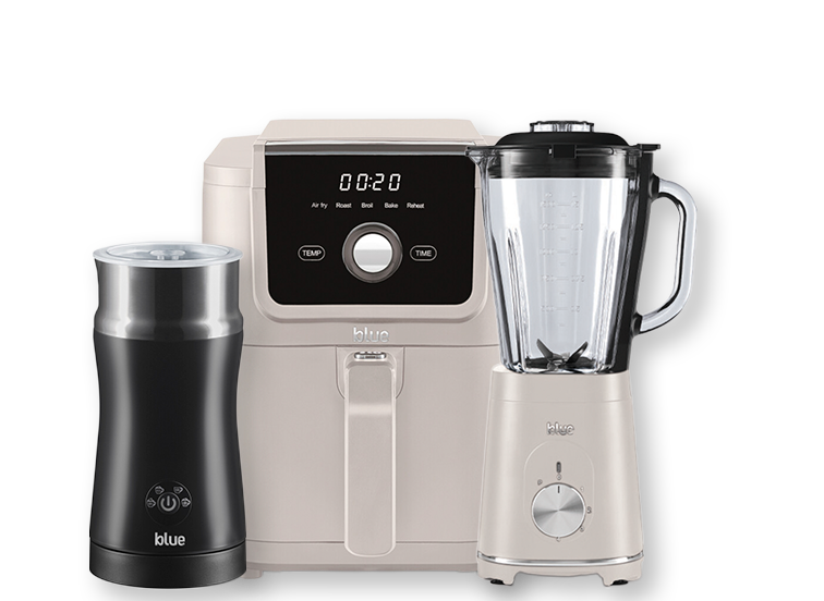Keukenapparaten van het merk Blue Home: airfryer, blender, melkopschuimer